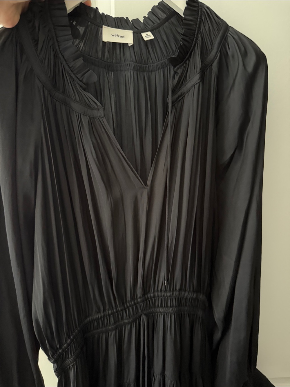 Wilfred Black Pleated Ruffle-Neck Long Sleeve Dress